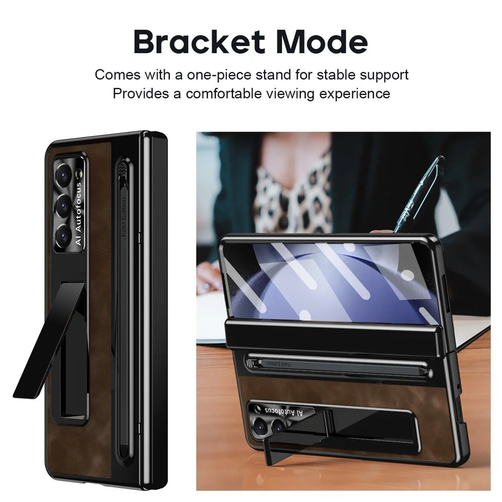 For Samsung Galaxy Z Fold6 5G Kickstand Case Leather+PC Phone Cover with Tempered Glass Film and Stylus - Coffee - 6