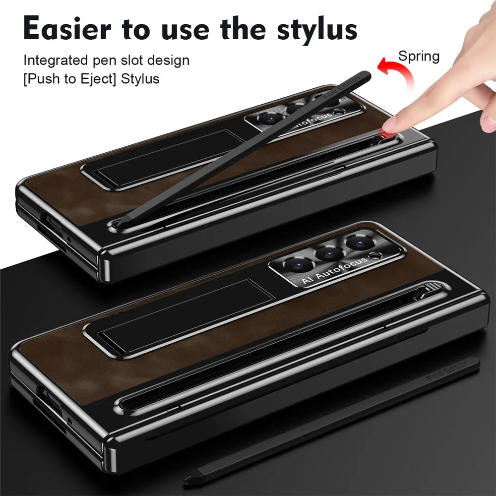 For Samsung Galaxy Z Fold6 5G Kickstand Case Leather+PC Phone Cover with Tempered Glass Film and Stylus - Coffee - 7