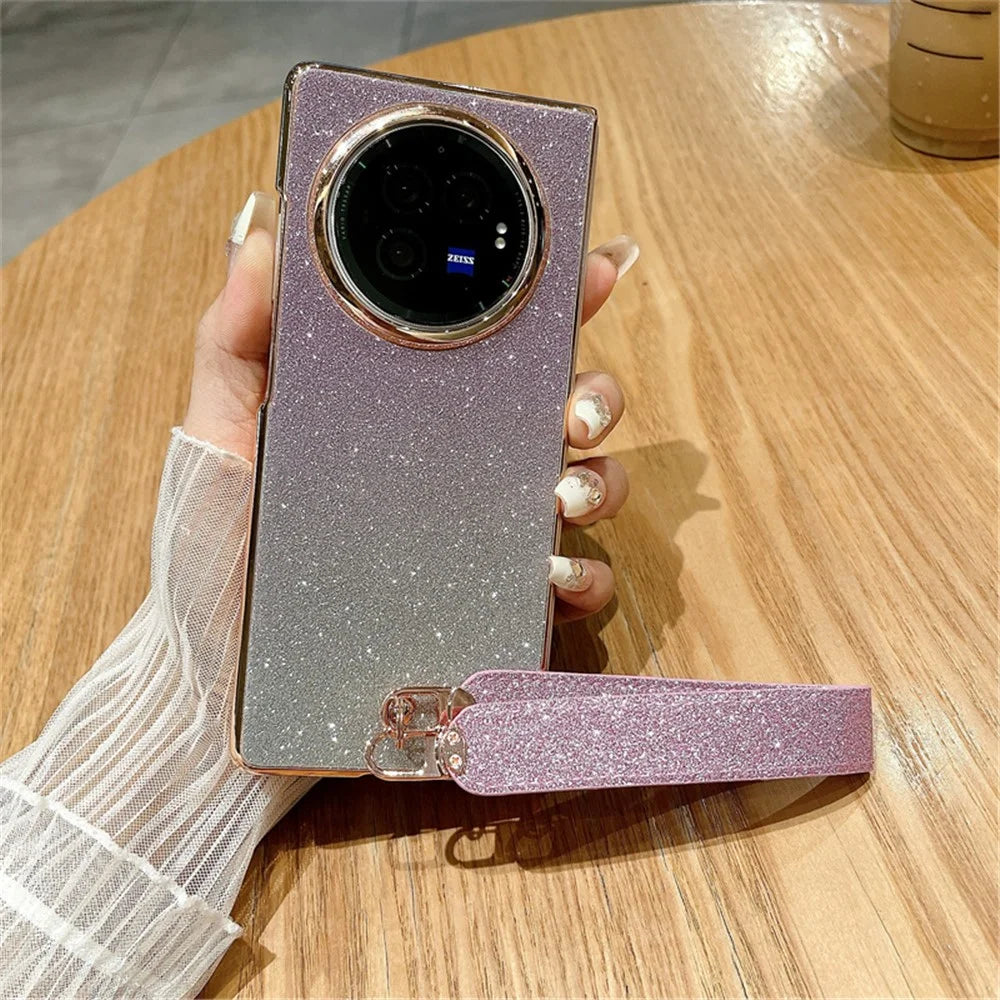 For vivo X Fold3 Case Hard PC Bling Glitter Phone Cover with Wrist Strap - Gradient Purple - 2
