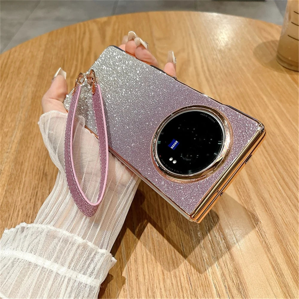 For vivo X Fold3 Case Hard PC Bling Glitter Phone Cover with Wrist Strap - Gradient Purple - 4