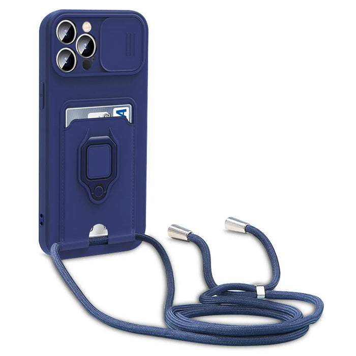 For iPhone 14 Pro Card Holder Kickstand Phone Case PC + TPU Cover with Lanyard - Sapphire - 1