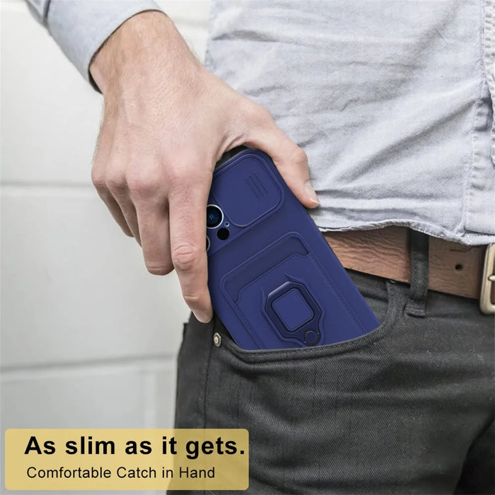 For iPhone 14 Pro Card Holder Kickstand Phone Case PC + TPU Cover with Lanyard - Sapphire - 3