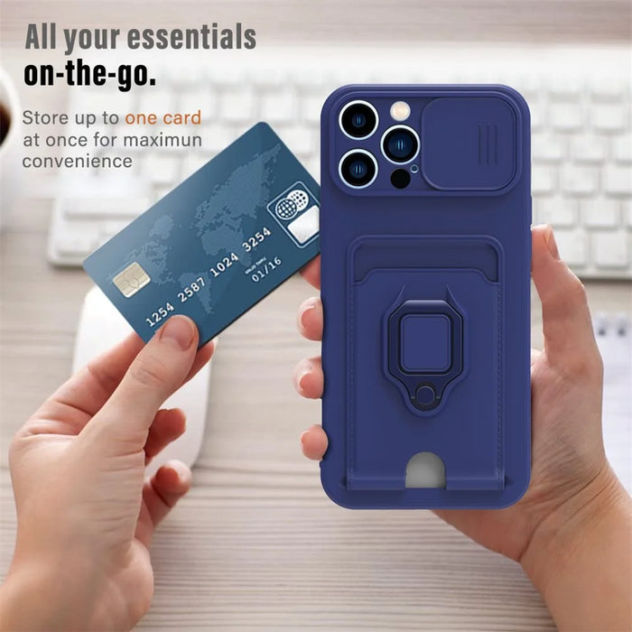 For iPhone 14 Pro Card Holder Kickstand Phone Case PC + TPU Cover with Lanyard - Sapphire - 5