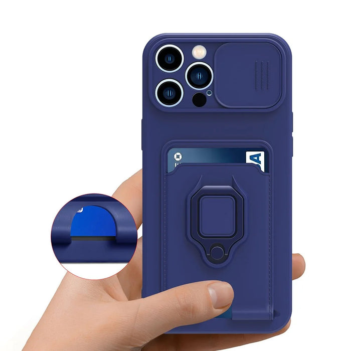 For iPhone 14 Pro Card Holder Kickstand Phone Case PC + TPU Cover with Lanyard - Sapphire - 6