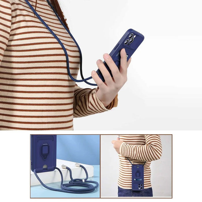 For iPhone 14 Pro Max Cell Phone Case Card Holder Kickstand PC + TPU Back Cover with Lanyard - Sapphire - 7