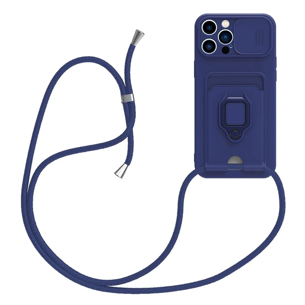 For iPhone 15 Pro Max Case Card Holder PC + TPU Phone Kickstand Cover with Lanyard - Sapphire - 2