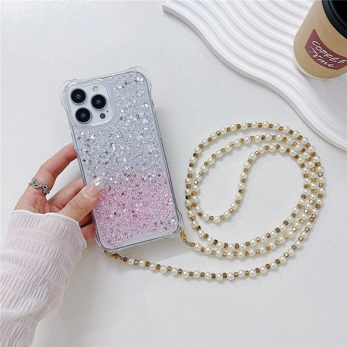 Phone Case for iPhone 15 Pro TPU+Acrylic Dual-Color Back Cover with Pearl Long Strap - Silver+Pink - 1