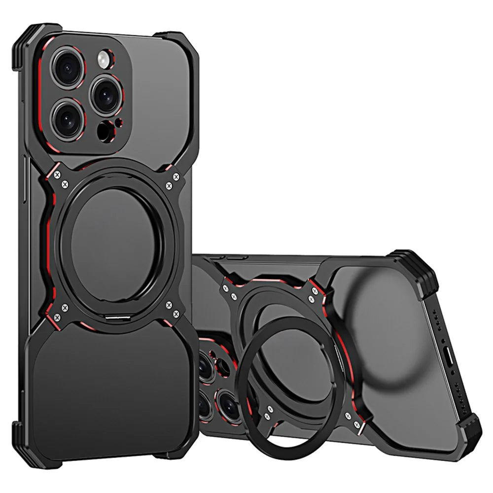For iPhone 13 Pro Bumper Case Compatible with MagSafe Rotation Kickstand Metal Frameless Phone Cover - Black / Red - 1