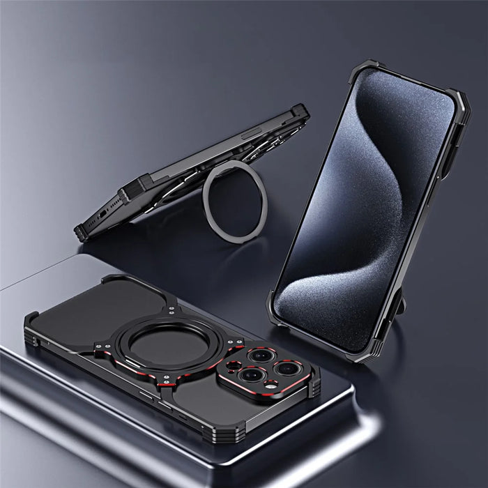 For iPhone 13 Pro Bumper Case Compatible with MagSafe Rotation Kickstand Metal Frameless Phone Cover - Black / Red - 2