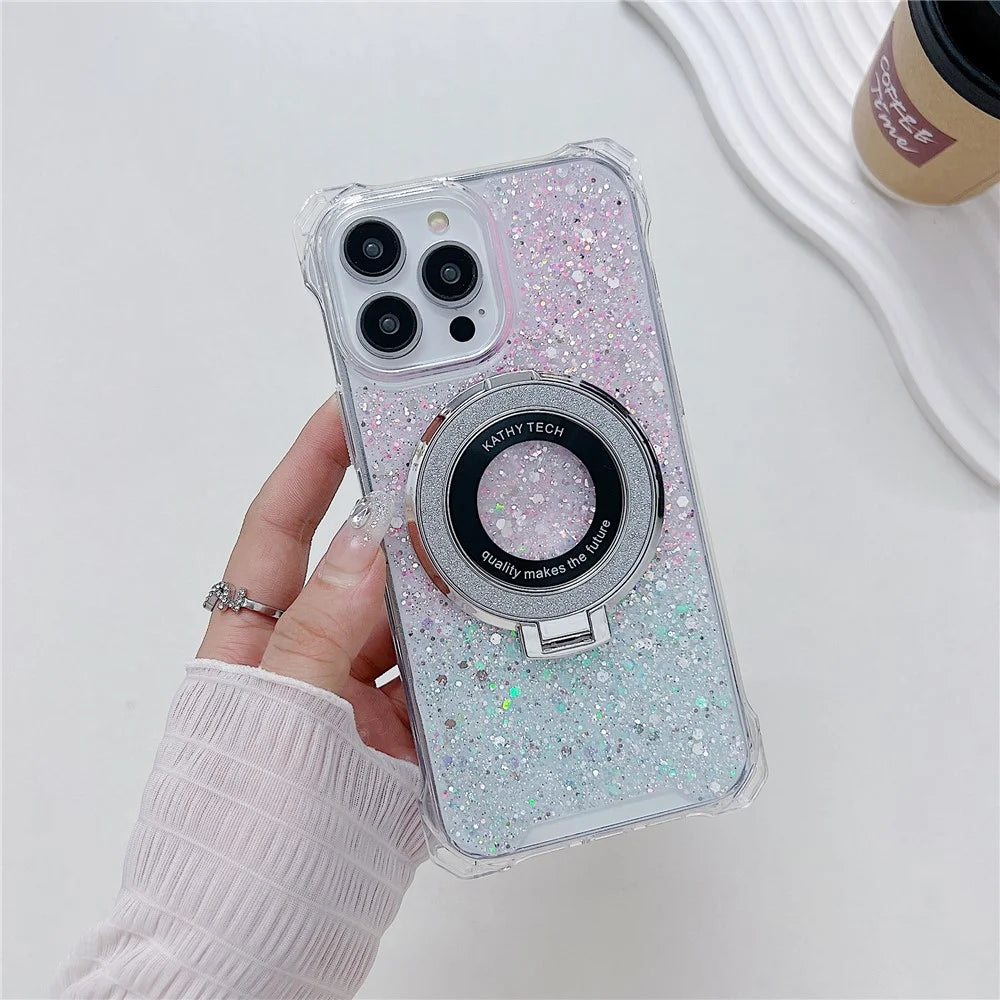 For iPhone 13 Pro Max Cell Phone Cases TPU+Acrylic Gradient Cover with Magnetic Ring Kickstand - Pink+Green - 2