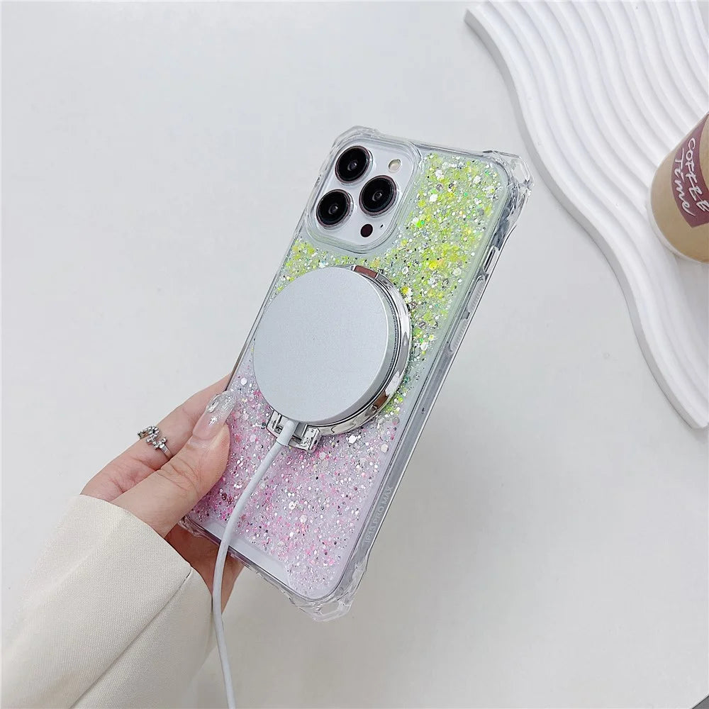 For iPhone 15 Pro Ring Kickstand TPU+Acrylic Case Gradient Phone Cover Compatible with MagSafe - Pink+Green - 6