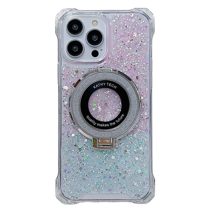 For iPhone 13 Pro TPU+Acrylic Case Gradient Phone Cover with Magnetic Ring Kickstand - Pink+Green - 1