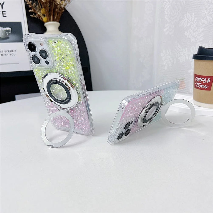 For iPhone 13 Pro TPU+Acrylic Case Gradient Phone Cover with Magnetic Ring Kickstand - Pink+Green - 3