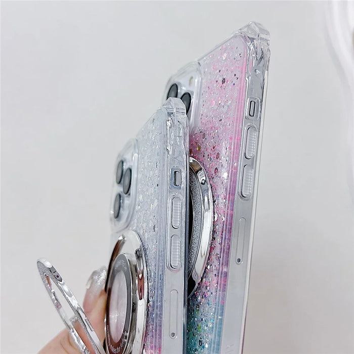 For iPhone 13 Pro TPU+Acrylic Case Gradient Phone Cover with Magnetic Ring Kickstand - Pink+Green - 4
