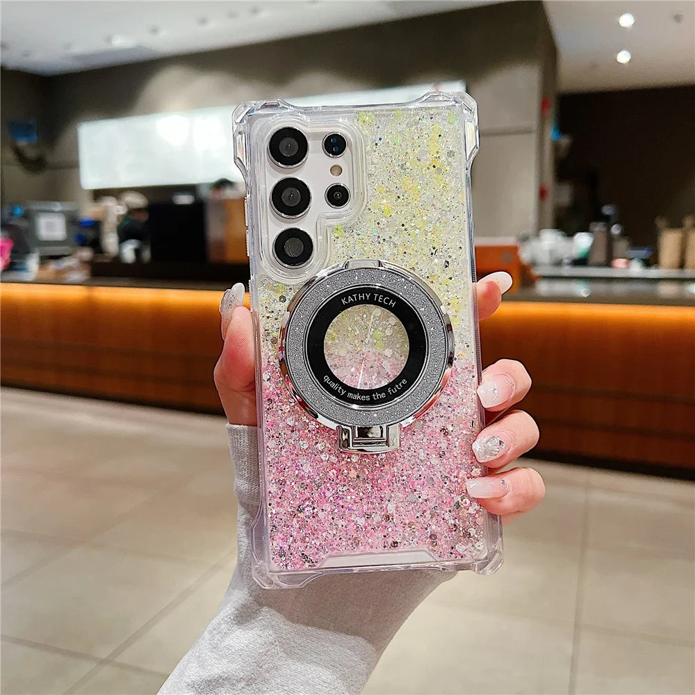 For Samsung Galaxy S23 Ultra TPU+Acrylic Case Gradient Phone Cover Magnetic Case Ring Kickstand - Yellow+Pink - 1