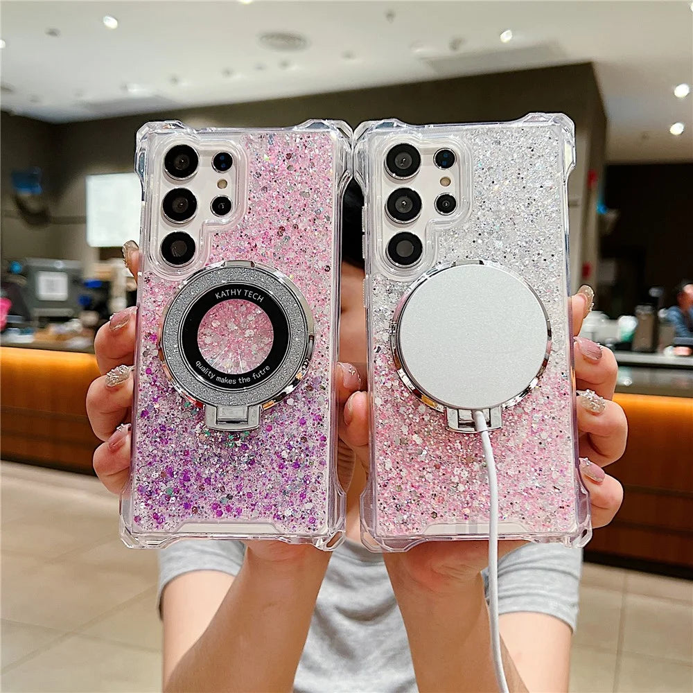 For Samsung Galaxy S23 Ultra TPU+Acrylic Case Gradient Phone Cover Magnetic Case Ring Kickstand - Yellow+Pink - 5