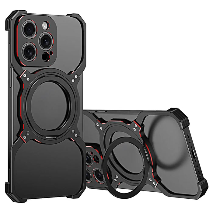 For iPhone 15 Pro Max Magnetic Bumper Case Frameless Rotary Kickstand Metal Phone Cover - Black+Red - 1