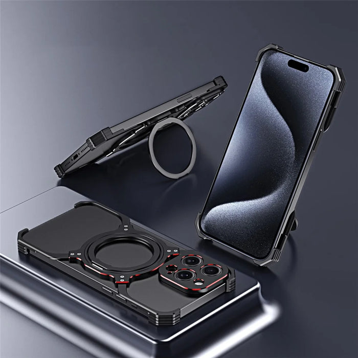 For iPhone 15 Pro Max Magnetic Bumper Case Frameless Rotary Kickstand Metal Phone Cover - Black+Red - 2