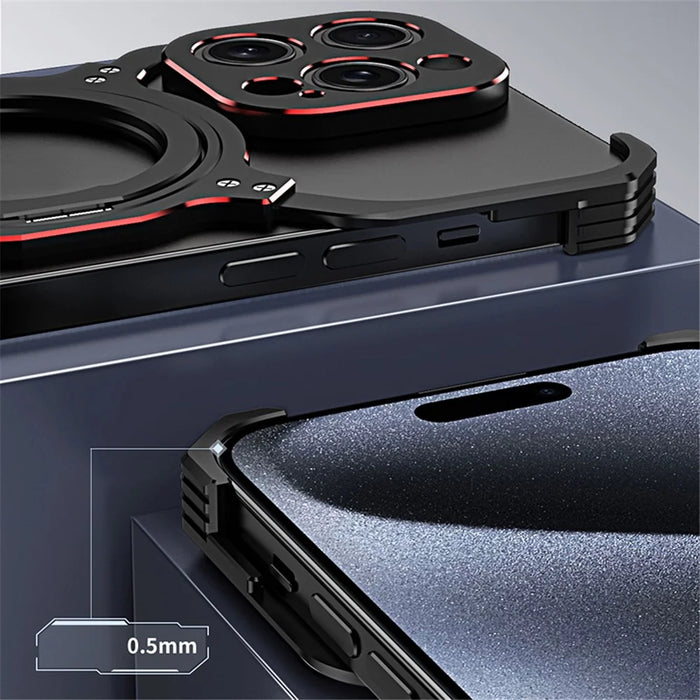 For iPhone 15 Pro Max Magnetic Bumper Case Frameless Rotary Kickstand Metal Phone Cover - Black+Red - 3