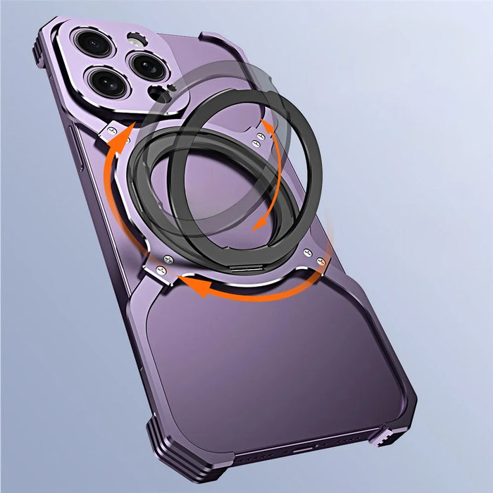 For iPhone 15 Pro Max Magnetic Bumper Case Frameless Rotary Kickstand Metal Phone Cover - Black+Red - 5
