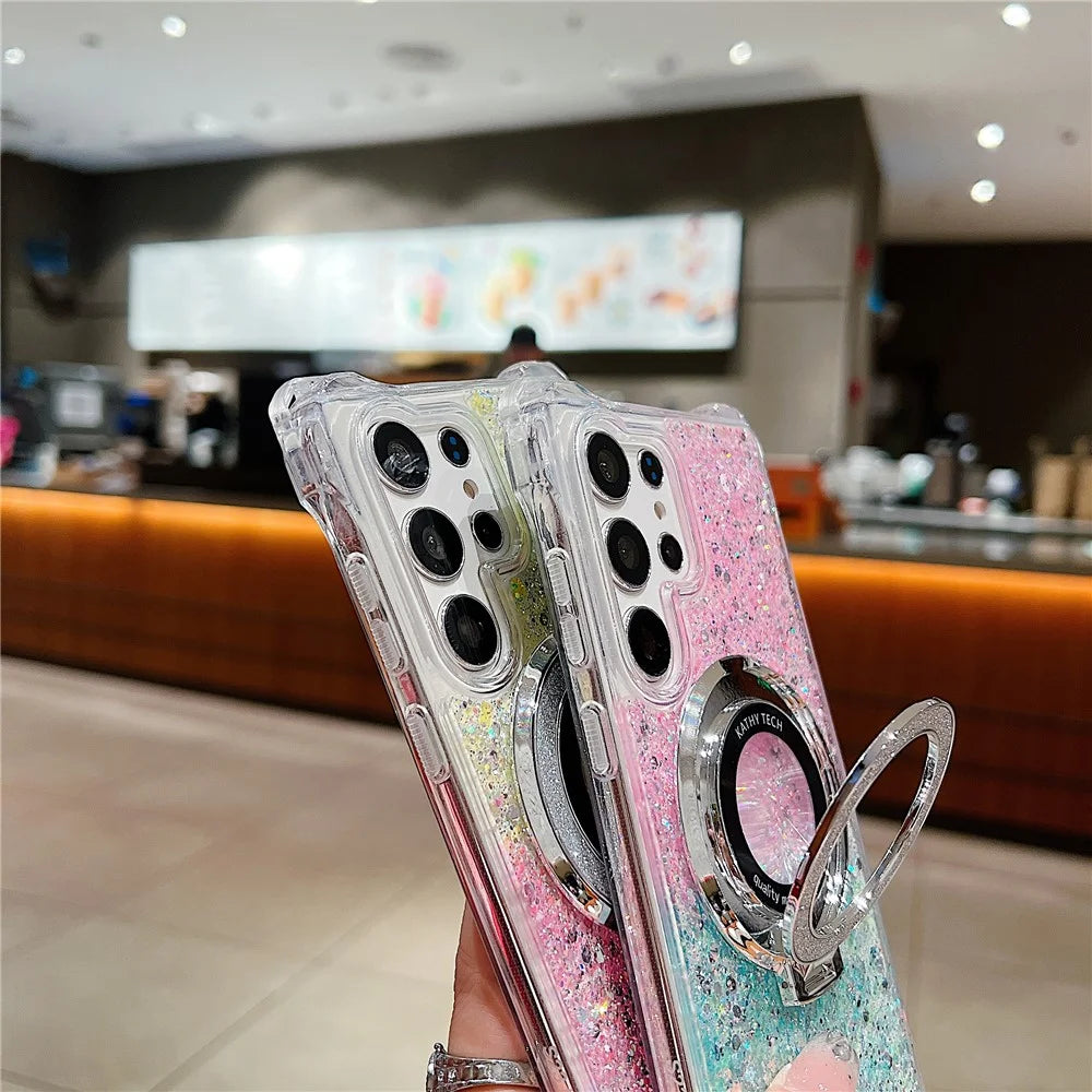 For Samsung Galaxy S22 Ultra 5G Case Magnetic Kickstand TPU+Acrylic Anti-Drop Gradient Phone Cover - Yellow+Pink - 4