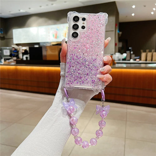 For Samsung Galaxy S24 Ultra Cover TPU+Acrylic Gradient Phone Case with Bowknot Decor Hand Chain - Pink+Purple - 1