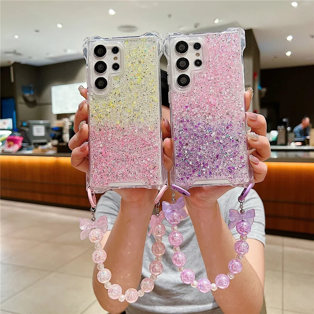 For Samsung Galaxy S24 Ultra Cover TPU+Acrylic Gradient Phone Case with Bowknot Decor Hand Chain - Pink+Purple - 3