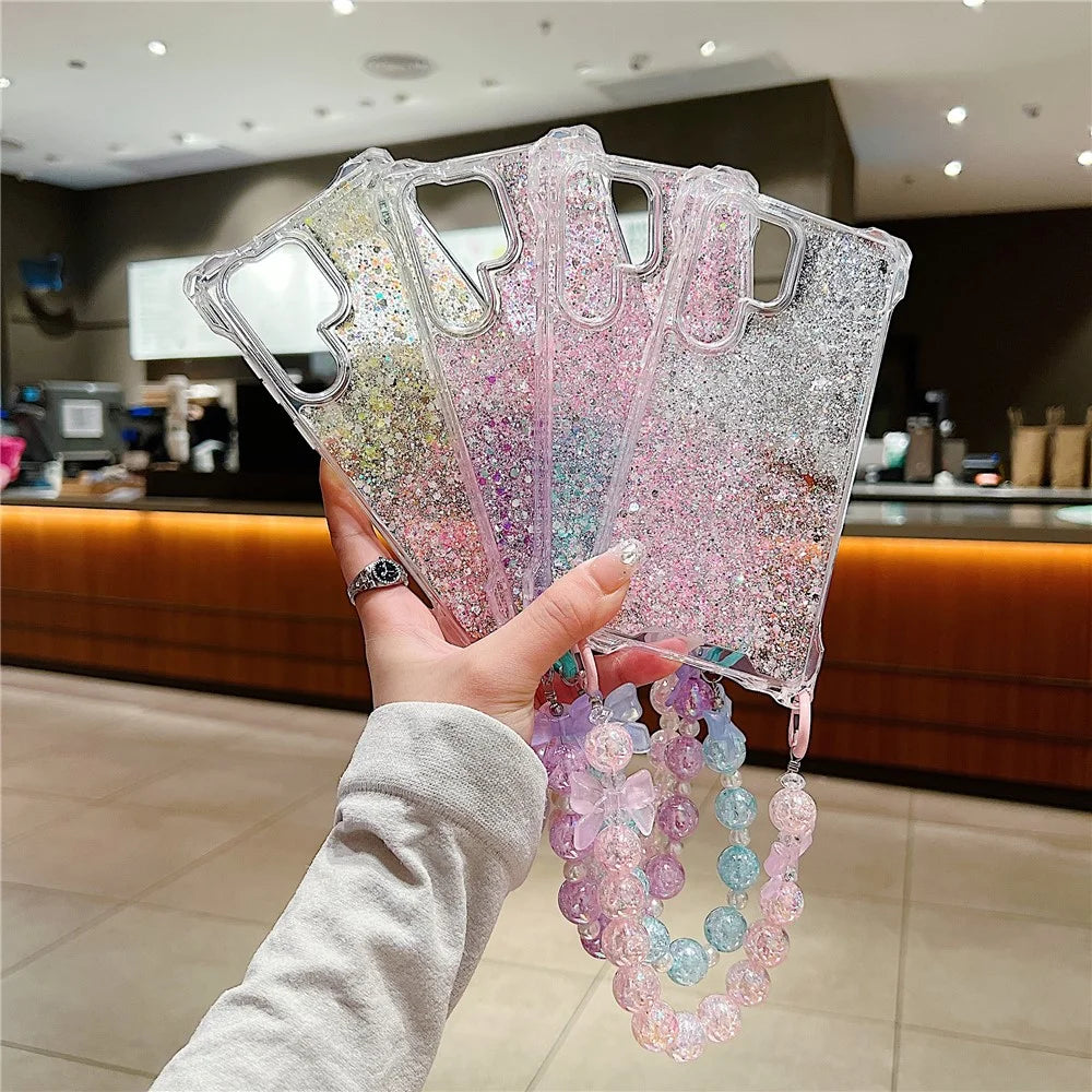 For Samsung Galaxy S24 Ultra Cover TPU+Acrylic Gradient Phone Case with Bowknot Decor Hand Chain - Pink+Purple - 6