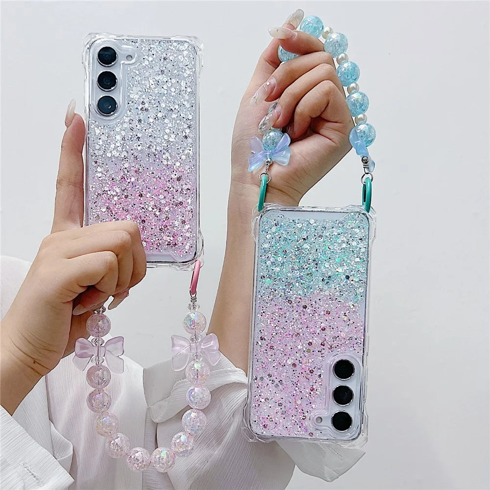 For Samsung Galaxy S24+ Gradient Case TPU+Acrylic Thicken 4 Corners Phone Cover with Hand Chain - Silver+Pink - 4