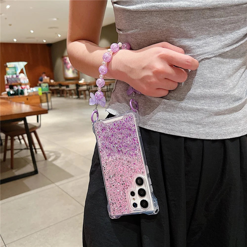 For Samsung Galaxy S22 Ultra 5G Case   TPU+Acrylic Cell Phone Shell with Bead Wrist Strap - Pink+Purple - 2