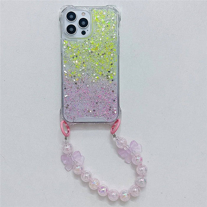 For iPhone 14 Pro Cover TPU+Acrylic Anti-Drop Gradient Cell Phone Case with Hand Chain - Yellow+Pink - 1