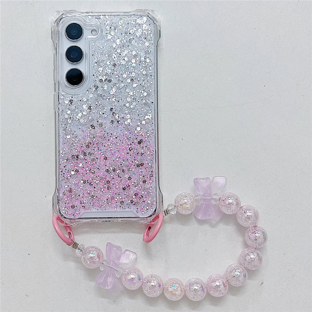 For Samsung Galaxy S24   Cover TPU+Acrylic Gradient Anti-Drop Case with Bowknot Chain - Silver+Pink - 1