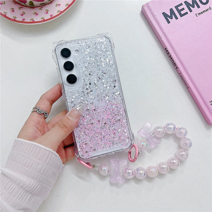 For Samsung Galaxy S24   Cover TPU+Acrylic Gradient Anti-Drop Case with Bowknot Chain - Silver+Pink - 2