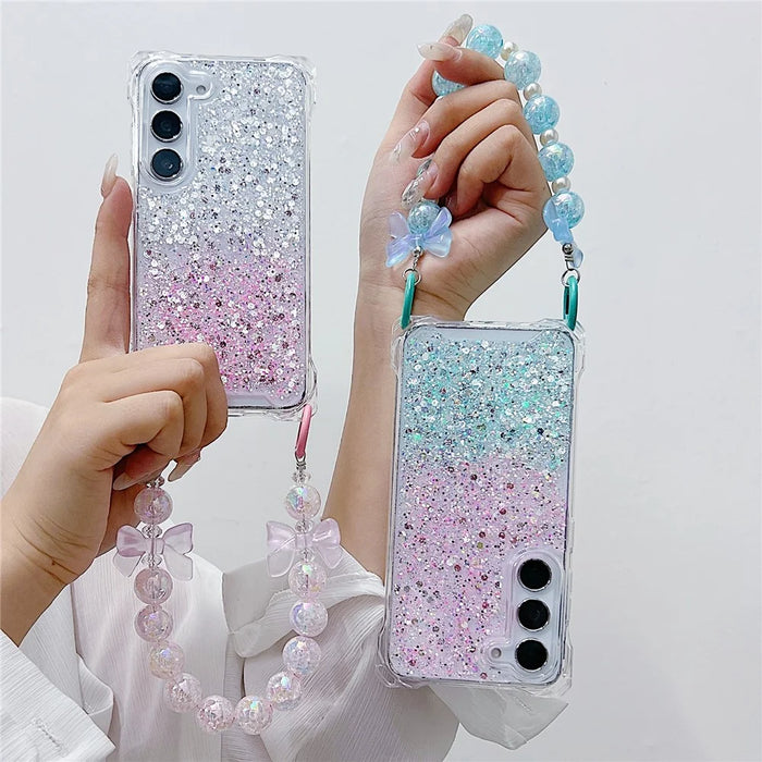 For Samsung Galaxy S24   Cover TPU+Acrylic Gradient Anti-Drop Case with Bowknot Chain - Silver+Pink - 4