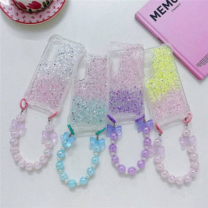 For Samsung Galaxy S24   Cover TPU+Acrylic Gradient Anti-Drop Case with Bowknot Chain - Silver+Pink - 5