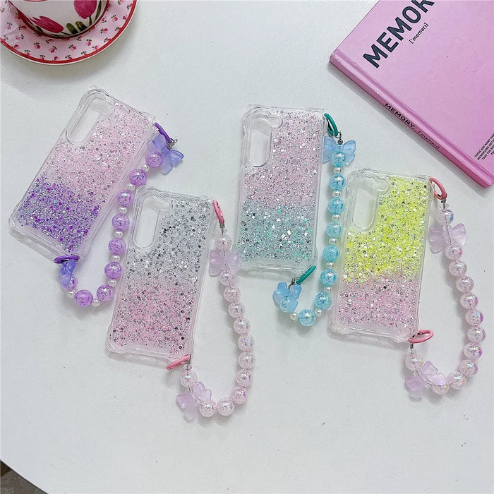 For Samsung Galaxy S24   Cover TPU+Acrylic Gradient Anti-Drop Case with Bowknot Chain - Silver+Pink - 6