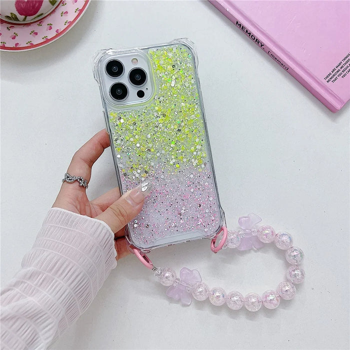 TPU+Acrylic Phone Case for iPhone 13 Pro   Phone Shell with Bead Wrist Strap - Yellow+Pink - 2