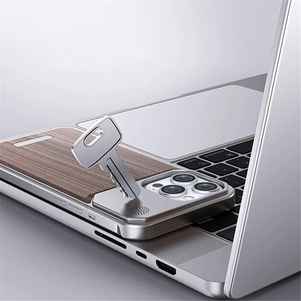 For iPhone 14 Pro Case Borderless Aluminium Alloy+Walnut Aromatherapy Phone Cover - Black Wood Texture - 4