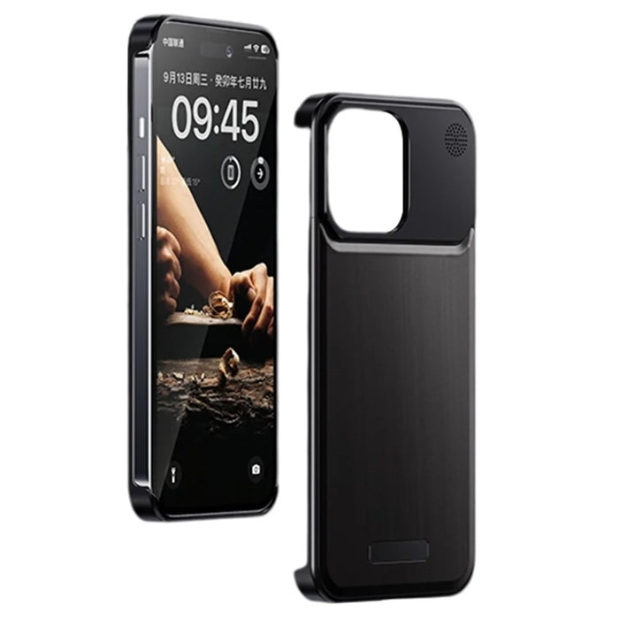 For iPhone 15 Pro Max Case Aluminium Alloy+Walnut Aromatherapy Frameless Phone Cover - Black Wood Texture - 1