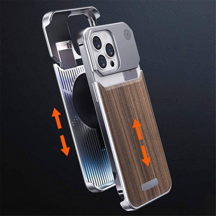For iPhone 15 Pro Max Case Aluminium Alloy+Walnut Aromatherapy Frameless Phone Cover - Black Wood Texture - 5