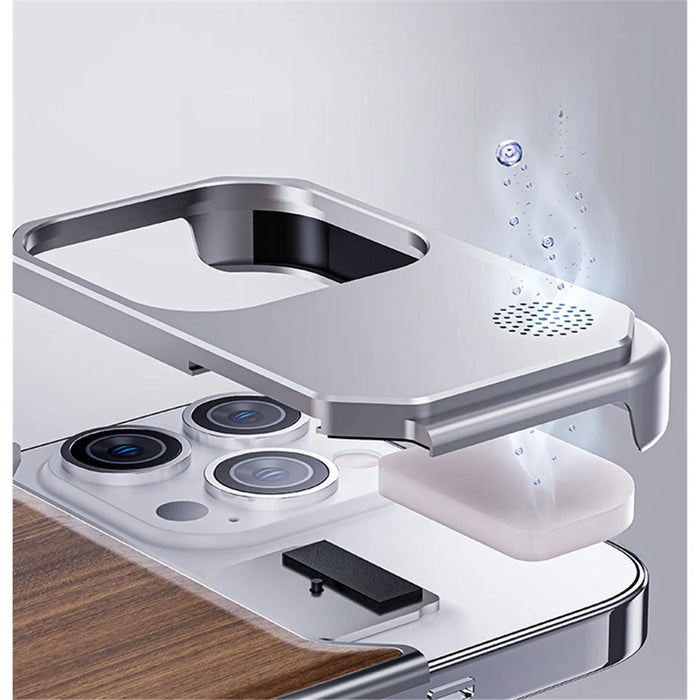 For iPhone 15 Pro Case Aluminium Alloy+Walnut Aromatherapy Protective Phone Cover - Grey Walnut Texture - 3