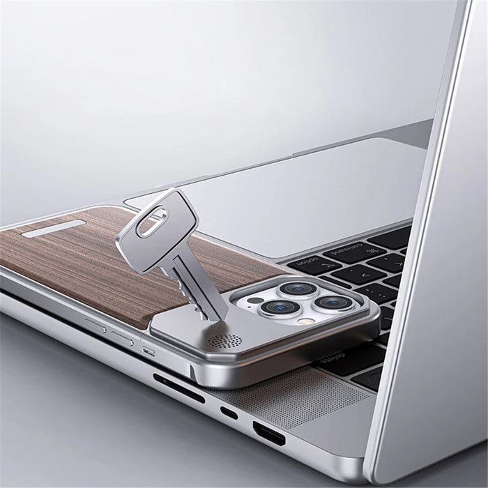 For iPhone 15 Pro Case Aluminium Alloy+Walnut Aromatherapy Protective Phone Cover - Grey Walnut Texture - 4