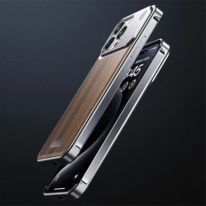 For iPhone 15 Pro Case Aluminium Alloy+Walnut Aromatherapy Protective Phone Cover - Grey Walnut Texture - 6