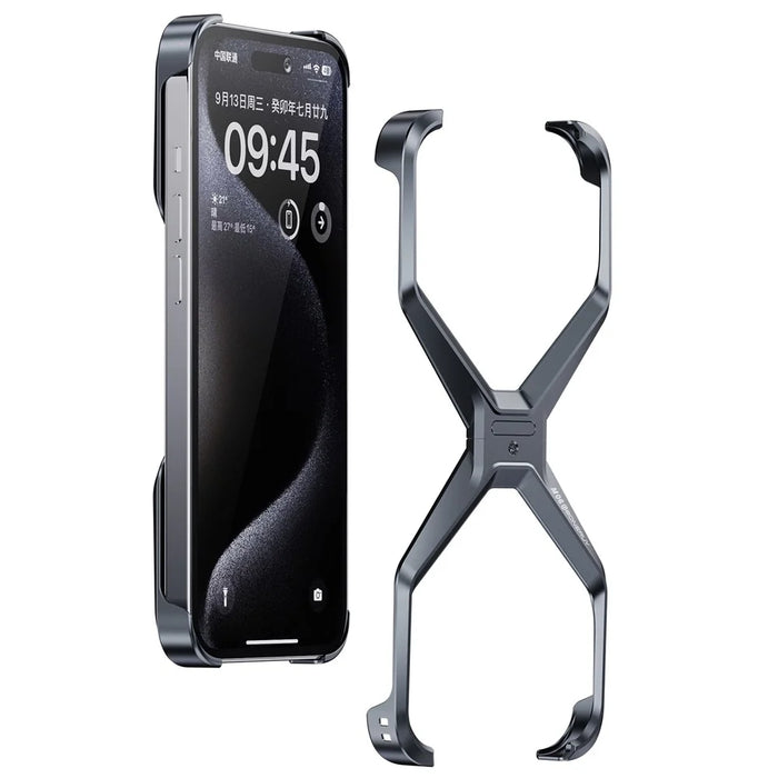 For iPhone 15 Bumper Case No Frame Aluminium Alloy X-Shape Phone Cover - Dark Grey - 1