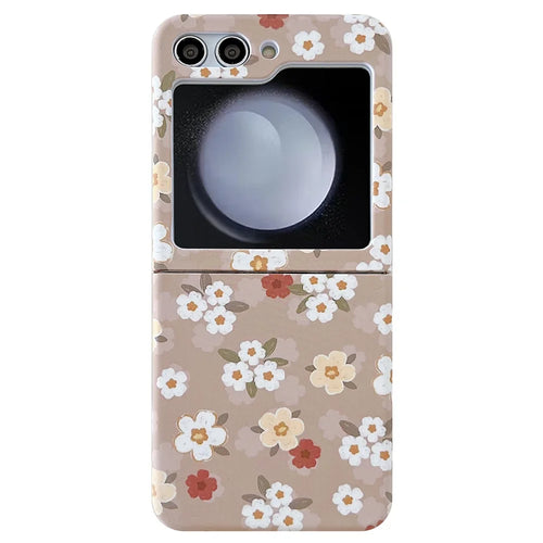 For Samsung Galaxy Z Flip5 5G Glittery Powder Phone Case PC Phone Shell with Long Strap - Flower / Brown - 1
