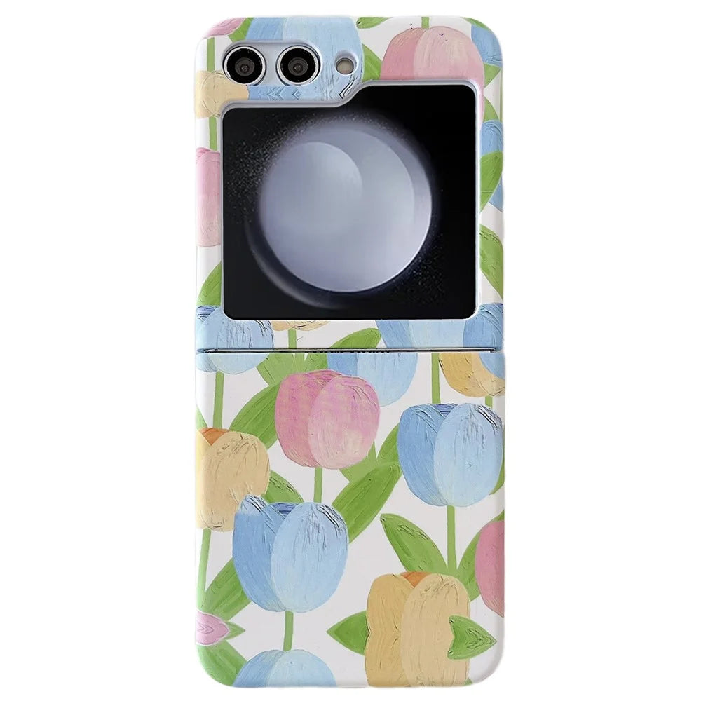 For Samsung Galaxy Z Flip5 5G Case Water Transfer Printing Tulip Pattern PC Phone Cover - Blue - 1