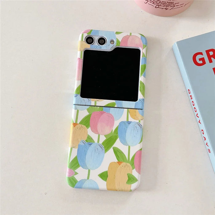 For Samsung Galaxy Z Flip5 5G Case Water Transfer Printing Tulip Pattern PC Phone Cover - Blue - 2