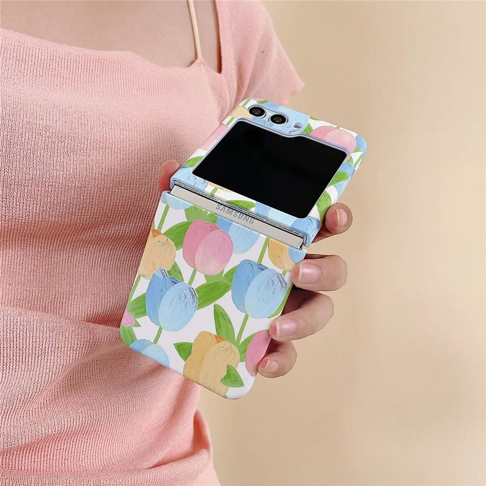 For Samsung Galaxy Z Flip5 5G Case Water Transfer Printing Tulip Pattern PC Phone Cover - Blue - 6