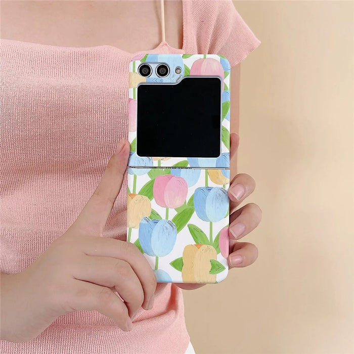 For Samsung Galaxy Z Flip5 5G Case Water Transfer Printing Tulip Pattern PC Phone Cover - Blue - 7