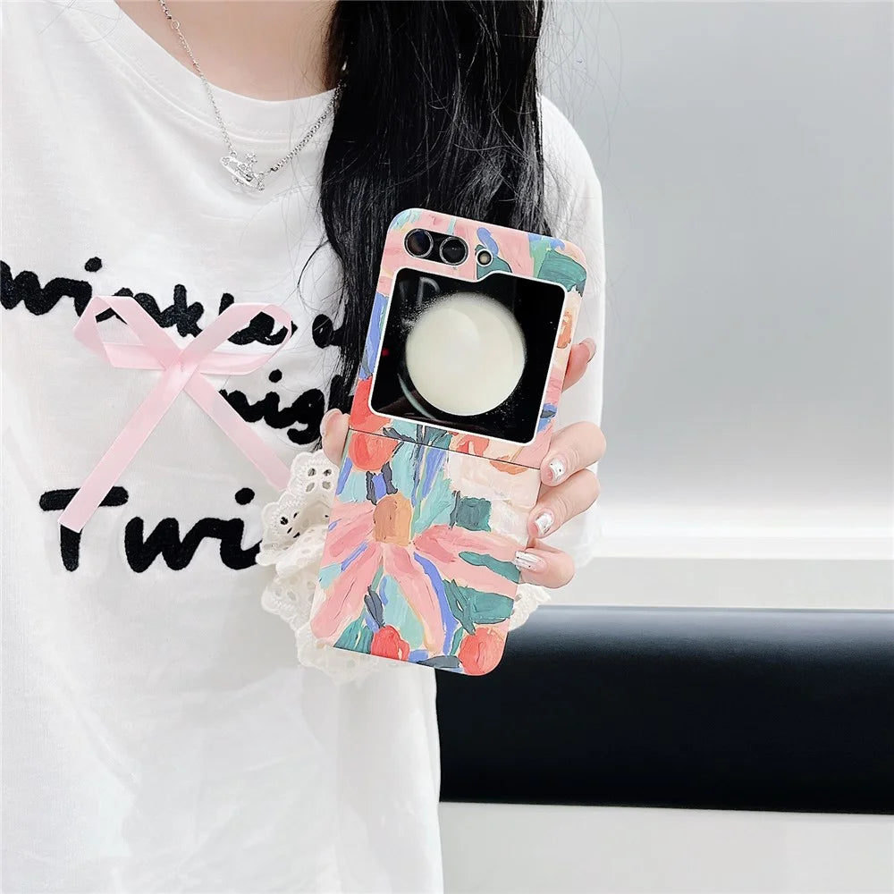 For Samsung Galaxy Z Flip5 5G PC Shell Watercolor Oil-Painted Flowers Pattern Water Transfer Printing Phone Cover - 5